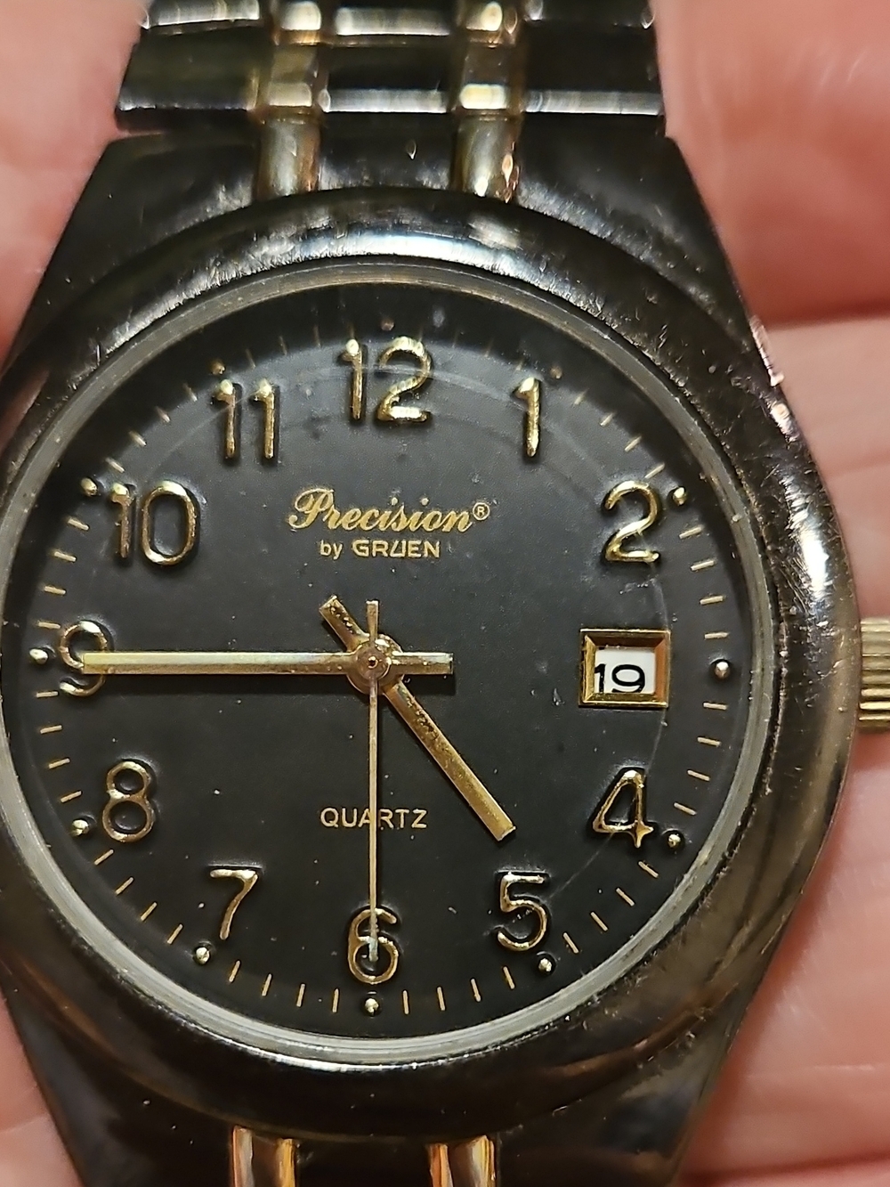 Precision By GRUEN. Men's Black and Gold Quartz Watch